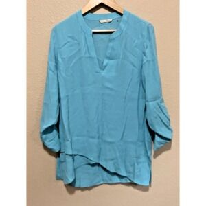 Soft Surroundings XS Teal Shirt Tunic Lightweight Roll Tab sleeve Spring